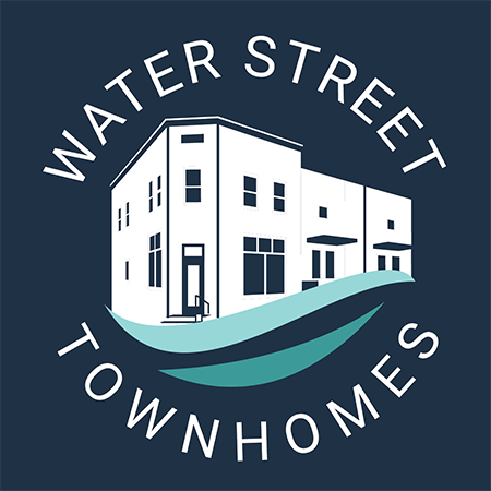 A logo for Water Street Townhomes features a white house on a blue wave.